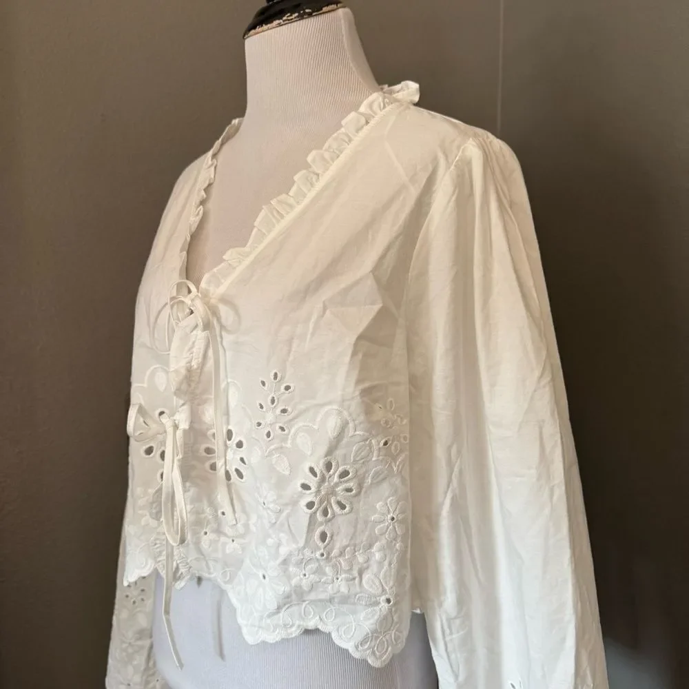 H&M Cream Ruffled Tie Front Blouse with Bib Collar